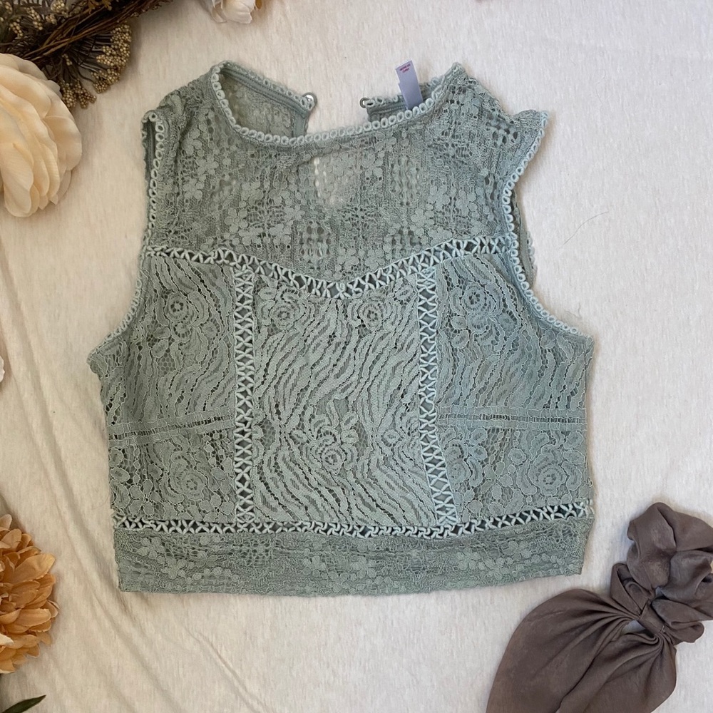 Green Lace Crop Tank Top
